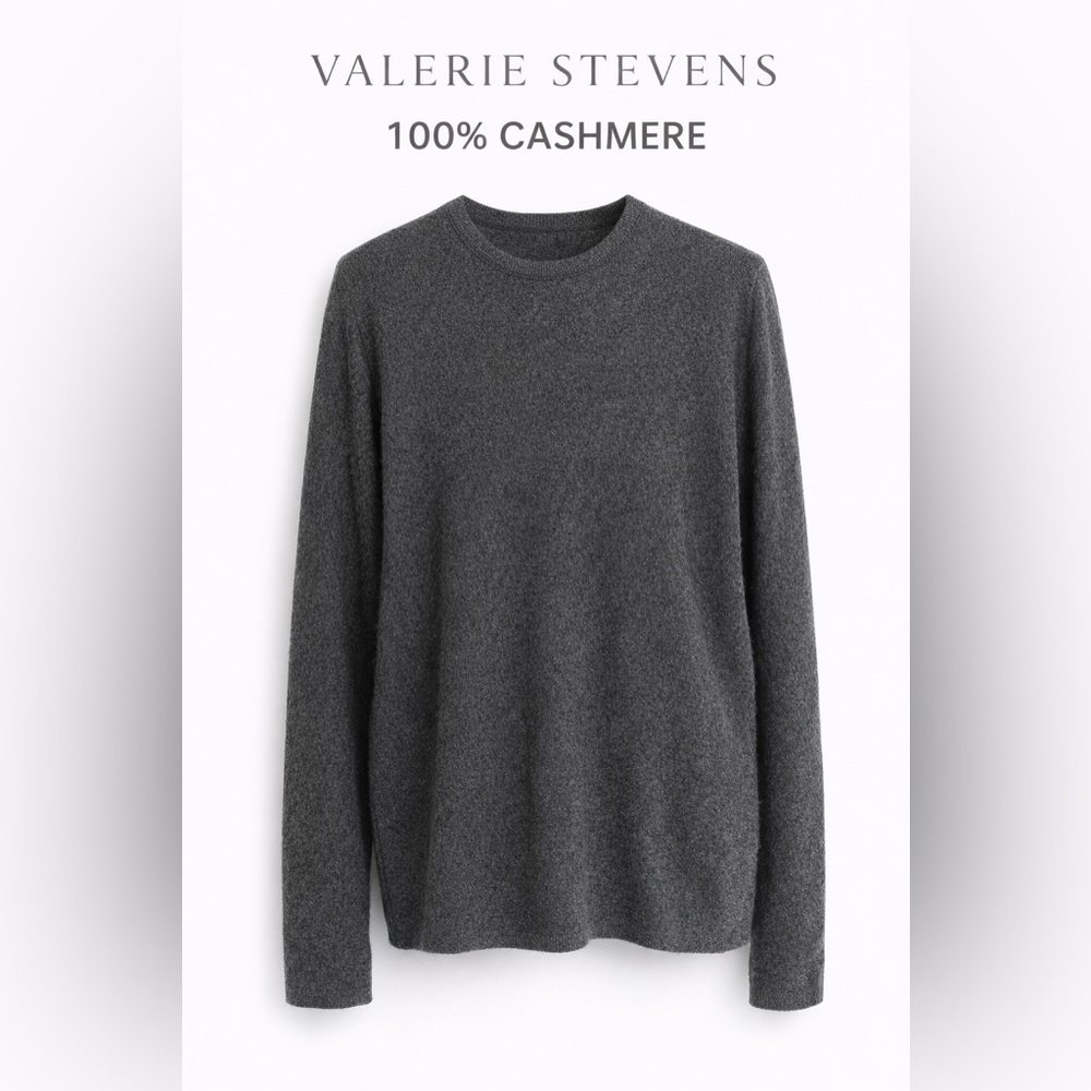 Valerie Stevens Charcoal Gray Two Ply 100% Cashmere Crewneck Sweater